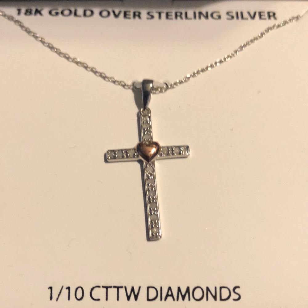 = NEW = ROSE GOLD HEART ON CROSS SILVER NECKLACE